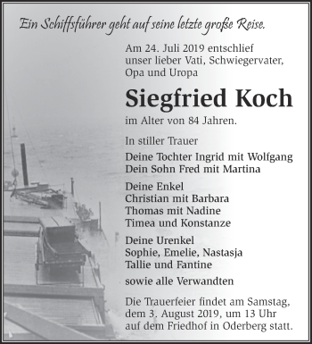 Traueranzeige von Siegfried Koch von Märkische Oderzeitung