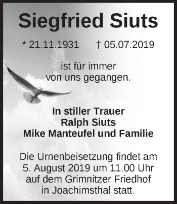 Traueranzeige von Siegfried Siuts von Märkische Oderzeitung