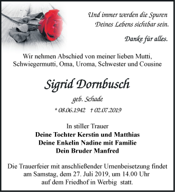 Traueranzeige von Sigrid Dornbusch von Märkische Oderzeitung