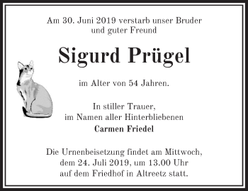 Traueranzeige von Sigurd Prügel von Märkische Oderzeitung