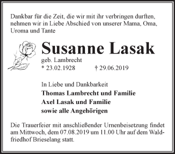 Traueranzeige von Susanne Lasak von Märkische Oderzeitung