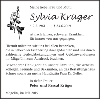 Traueranzeige von Sylvia Krüger von Märkische Oderzeitung