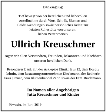 Traueranzeige von Ullrich Kreuschmer von Märkische Oderzeitung