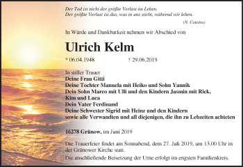 Traueranzeige von Ulrich Kelm von Märkische Oderzeitung