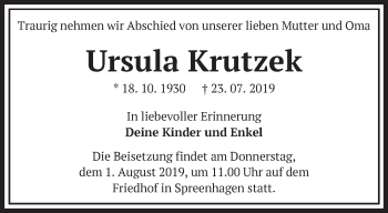 Traueranzeige von Ursula Krutzek von Märkische Oderzeitung