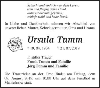 Traueranzeige von Ursula Tumm von Märkische Oderzeitung