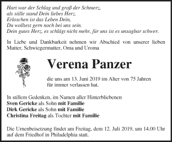 Traueranzeige von Verena Panzer von Märkische Oderzeitung