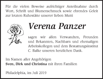 Traueranzeige von Verena Panzer von Märkische Oderzeitung