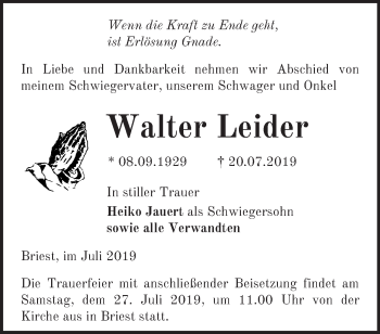 Traueranzeige von Walter Leider von Märkische Oderzeitung