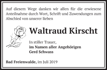 Traueranzeige von Waltraud Kirscht von Märkische Oderzeitung