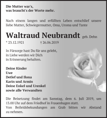 Traueranzeige von Waltraud Neubrandt von Märkische Oderzeitung