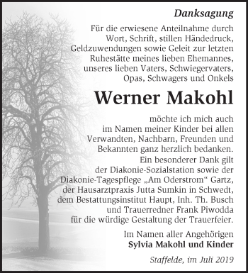 Traueranzeige von Werner Makohl von Märkische Oderzeitung