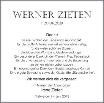 Traueranzeige von Werner Zieten von Märkische Oderzeitung