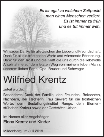 Traueranzeige von Wilfried Krentz von Märkische Oderzeitung