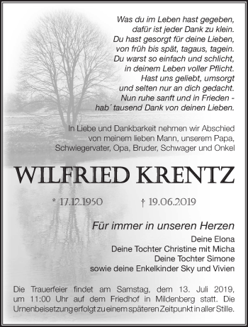 Traueranzeige von Wilfried Krentz von Märkische Oderzeitung