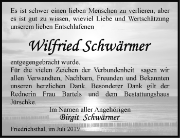 Traueranzeige von Wilfried Schwärmer von Märkische Oderzeitung