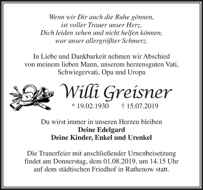  Traueranzeige für Willi Greisner vom 21.07.2019 aus Märkische Oderzeitung
