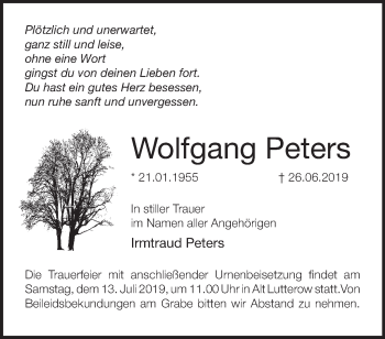 Traueranzeige von Wolfgang Peters von Märkische Oderzeitung