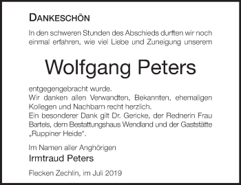 Traueranzeige von Wolfgang Peters von Märkische Oderzeitung