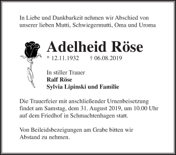 Traueranzeige von Adelheid Röse von Märkische Oderzeitung