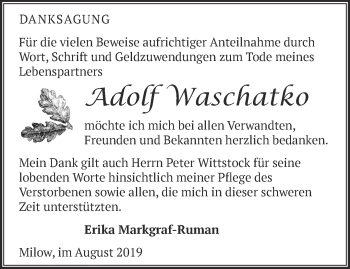 Traueranzeige von Adolf Waschatko von Märkische Oderzeitung