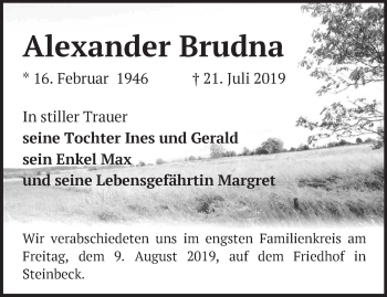 Traueranzeige von Alexander Brudna von Märkische Oderzeitung