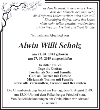 Traueranzeige von Alwin Willi Scholz von Märkische Oderzeitung