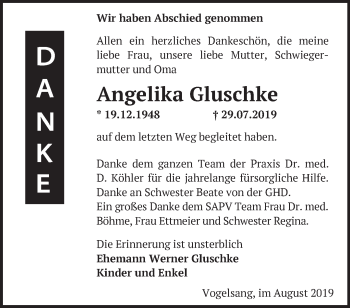 Traueranzeige von Angelika Gluschke von Märkische Oderzeitung