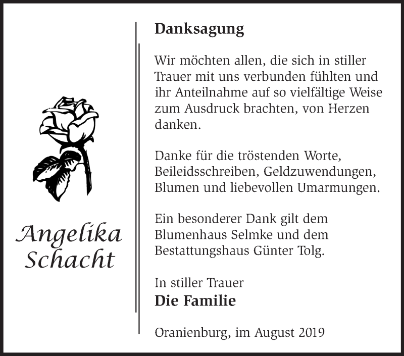  Traueranzeige für Angelika Schacht vom 24.08.2019 aus Märkische Oderzeitung