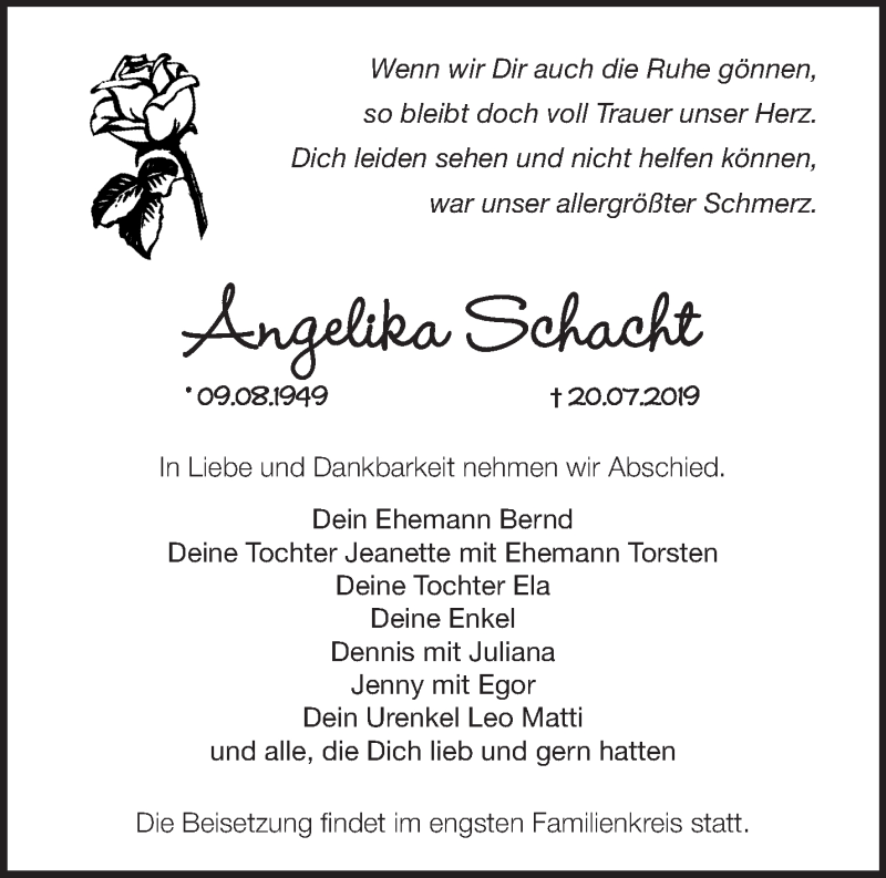  Traueranzeige für Angelika Schacht vom 03.08.2019 aus Märkische Oderzeitung