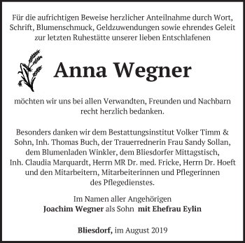 Traueranzeige von Anna Wegner von Märkische Oderzeitung