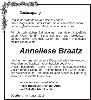 Traueranzeige von Anneliese Braatz von Märkische Oderzeitung