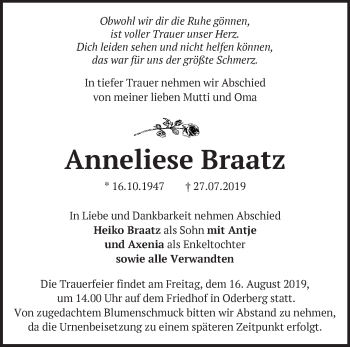 Traueranzeige von Anneliese Braatz von Märkische Oderzeitung