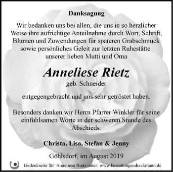 Traueranzeige von Anneliese Rietz von Märkische Oderzeitung