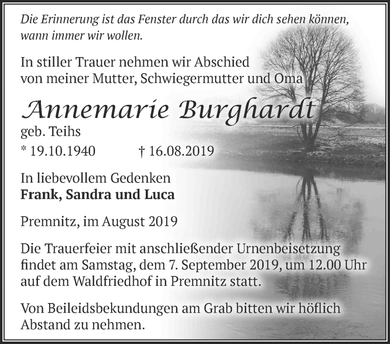  Traueranzeige für Annemarie Burghardt vom 25.08.2019 aus Märkische Oderzeitung
