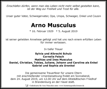 Traueranzeige von Arno Musculus von Märkische Oderzeitung