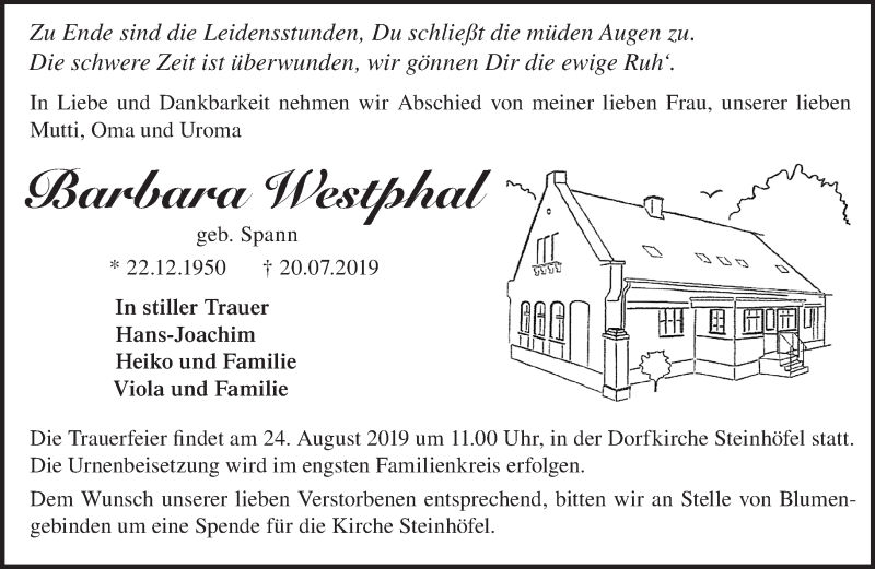  Traueranzeige für Barbara Westphal vom 10.08.2019 aus Märkische Oderzeitung
