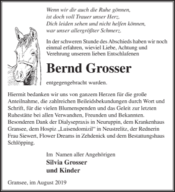 Traueranzeige von Bernd Grosser von Märkische Oderzeitung