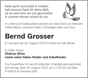 Traueranzeige von Bernd Grosser von Märkische Oderzeitung