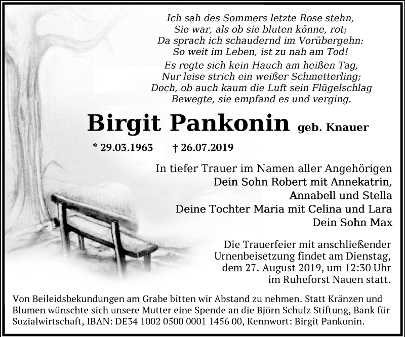  Traueranzeige für Birgit Pankonin vom 18.08.2019 aus Märkische Oderzeitung