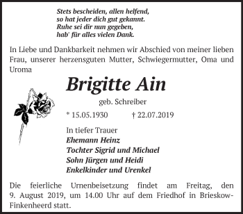 Traueranzeige von Brigitte Ain von Märkische Oderzeitung