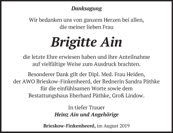 Traueranzeige von Brigitte Ain von Märkische Oderzeitung