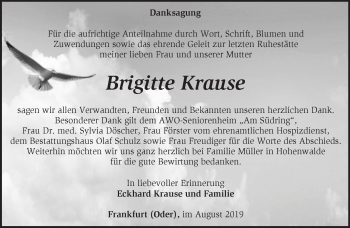 Traueranzeige von Brigitte Krause von Märkische Oderzeitung