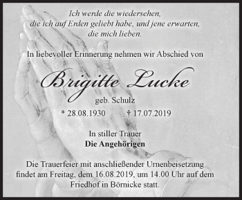 Traueranzeige von Brigitte Lucke von Märkische Oderzeitung