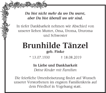 Traueranzeige von Brunhilde Tänzel von Märkische Oderzeitung