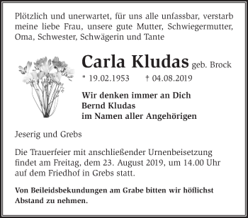 Traueranzeige von Carla Kludas von Märkische Oderzeitung