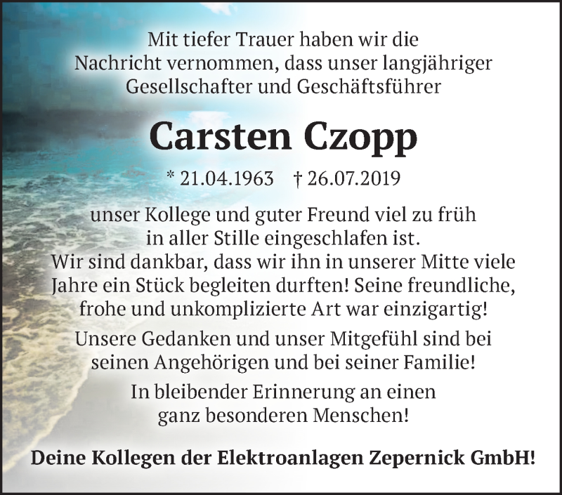  Traueranzeige für Carsten Czopp vom 03.08.2019 aus Märkische Oderzeitung