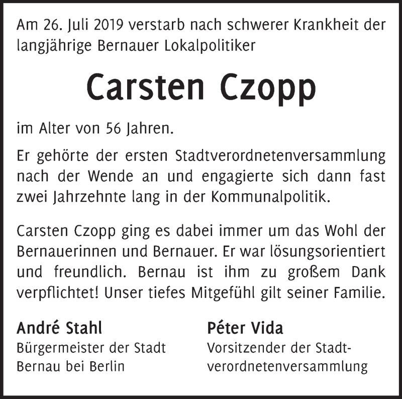  Traueranzeige für Carsten Czopp vom 11.08.2019 aus Märkische Oderzeitung