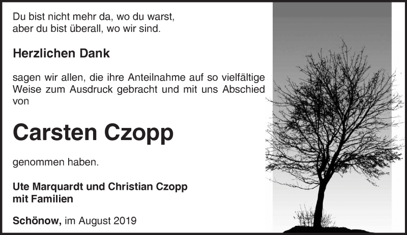  Traueranzeige für Carsten Czopp vom 31.08.2019 aus Märkische Oderzeitung