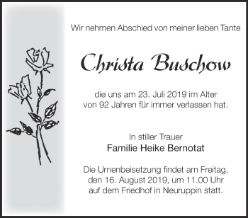 Traueranzeige von Christa Buschow von Märkische Oderzeitung